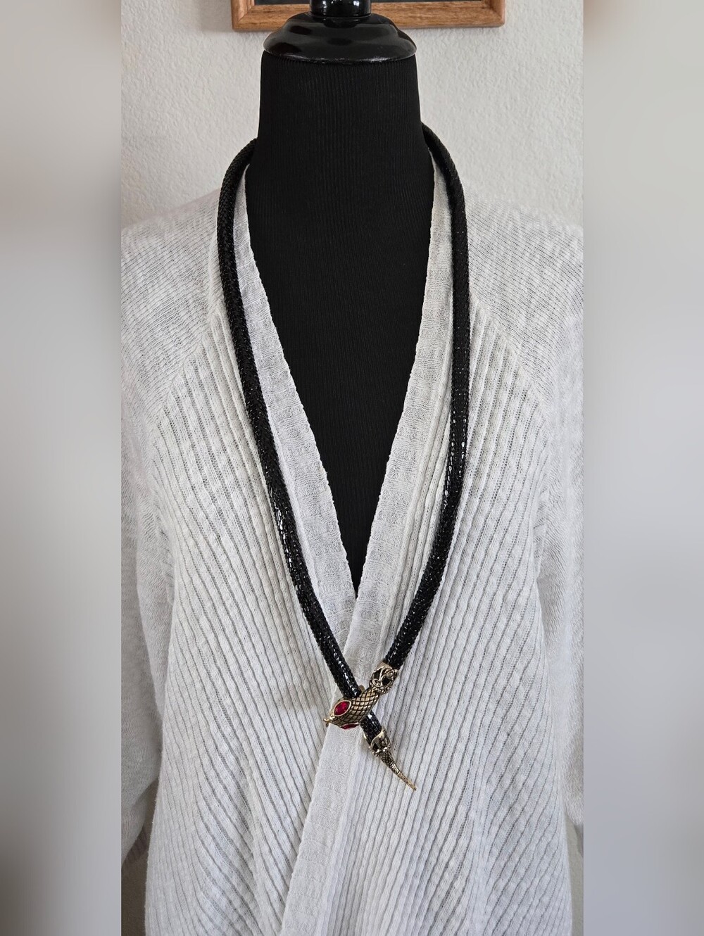 Vintage DL Auld Black Snake Necklace/Belt/Choker With Ruby Rhinestone Eyes